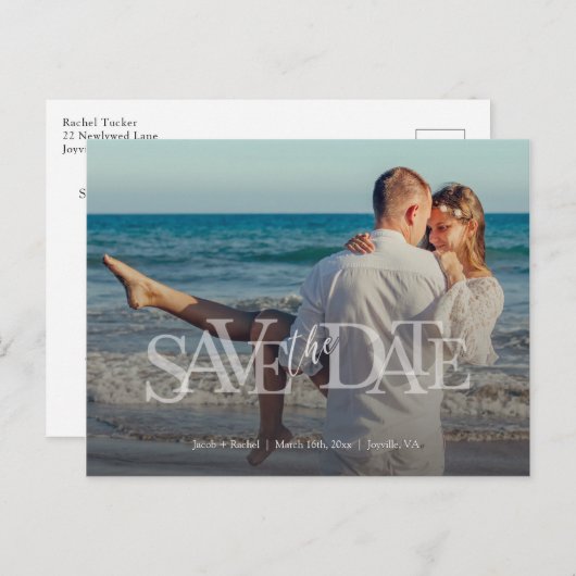 Moderne Save the Date Full-photo Overlay Wedding Briefkaart (Voorkant / Achterkant)