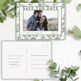 Moderne Save the Date groene Eucalyptus & Foto Briefkaart