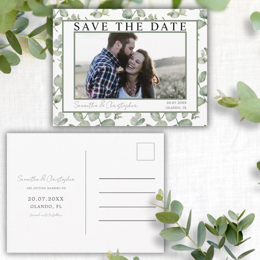 Moderne Save the Date groene Eucalyptus & Foto Briefkaart