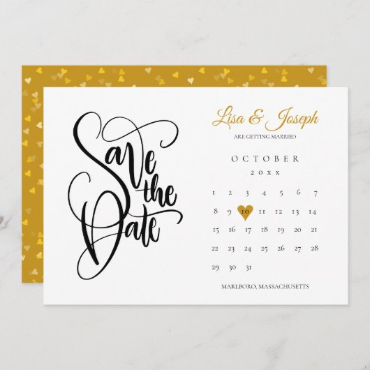 Moderne Save the Date Kalender Goud Hart Liefde Kaart (Voorkant / Achterkant)
