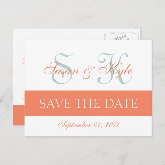 Moderne Save the Date Mint Groen Sinaasappel Monog Aankondigingskaart (Voorkant / Achterkant)