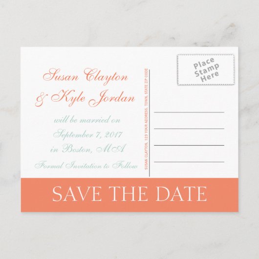 Moderne Save the Date Mint Groen Sinaasappel Monog Aankondigingskaart (Achterkant)