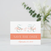 Moderne Save the Date Mint Groen Sinaasappel Monog Aankondigingskaart (Staand voorkant)