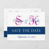 Moderne Save the Date Navy Blue, Fuchsia (F400A1) Aankondigingskaart (Voorkant / Achterkant)