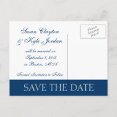 Moderne Save the Date Navy Blue, Fuchsia (F400A1) Aankondigingskaart (Achterkant)