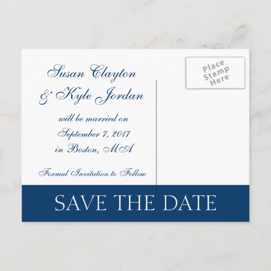Moderne Save the Date Navy Blue, Fuchsia (F400A1) Aankondigingskaart (Achterkant)