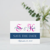 Moderne Save the Date Navy Blue, Fuchsia (F400A1) Aankondigingskaart (Staand voorkant)