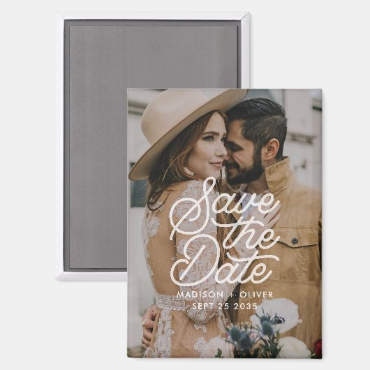 Moderne Save the Date Retro Script Fotobruiloft Magneet (Voorkant / Achterkant)