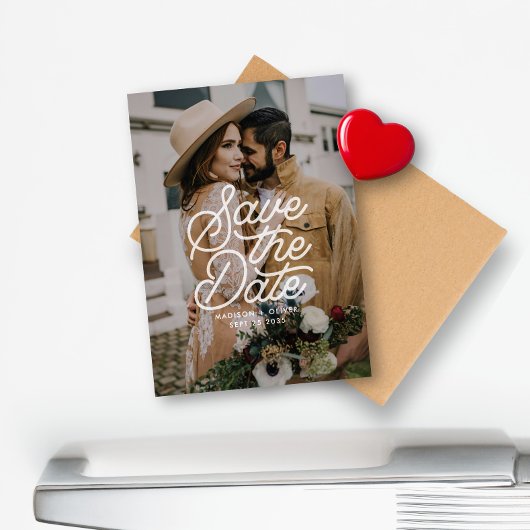 Moderne Save the Date Retro Script Fotobruiloft Magneet
