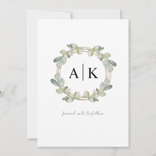 Moderne Save the Date Sage Groene Eucalyptus Huwel (Achterkant)