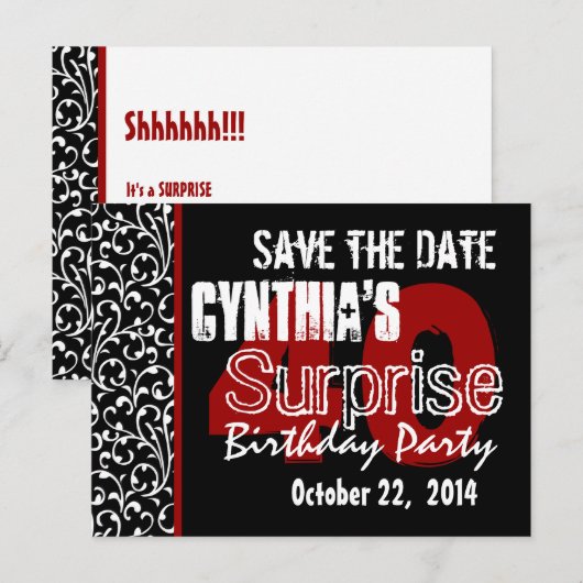 Moderne Save the Date Surprise 40e Zwart Rood v51 Aankondigingskaart (Voorkant / Achterkant)