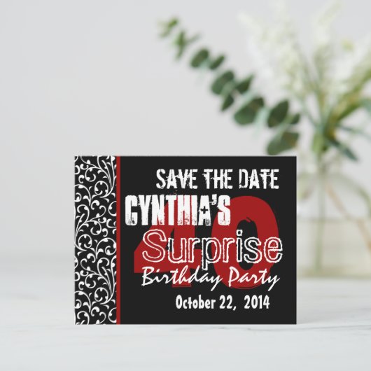Moderne Save the Date Surprise 40e Zwart Rood v51 Aankondigingskaart (Staand voorkant)