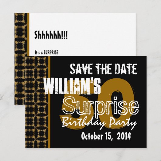 Moderne Save the Date Surprise 50e goud en zwart Aankondigingskaart (Voorkant / Achterkant)
