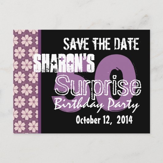 Moderne Save the Date Surprise 50e Paarse Zwart Aankondigingskaart (Voorkant)
