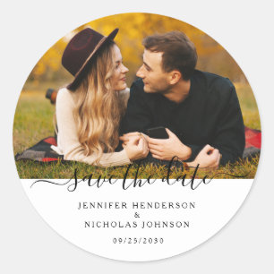 Moderne Save The Date Verlovingsfoto Ronde Sticker