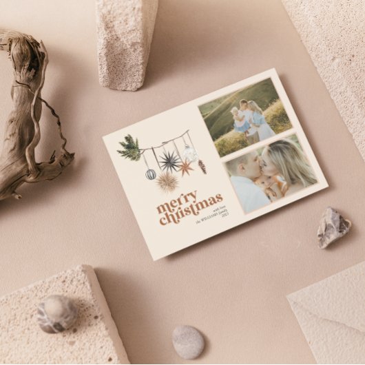 Moderne Scandi Boho Neutrale Familie 2 Foto Kerstm Feestdagenkaart