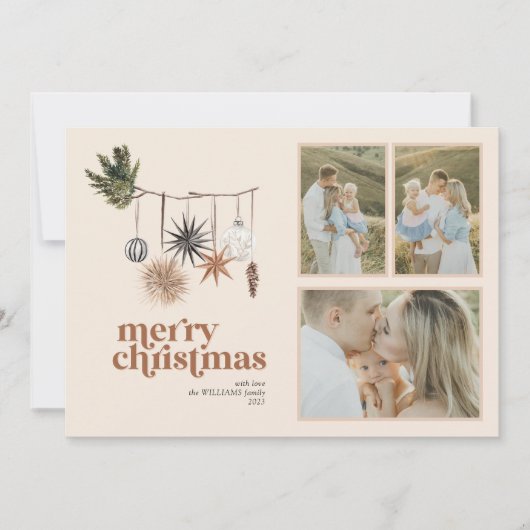 Moderne Scandi Boho Neutrale Familie 3 Foto Merry  Feestdagenkaart (Voorkant)