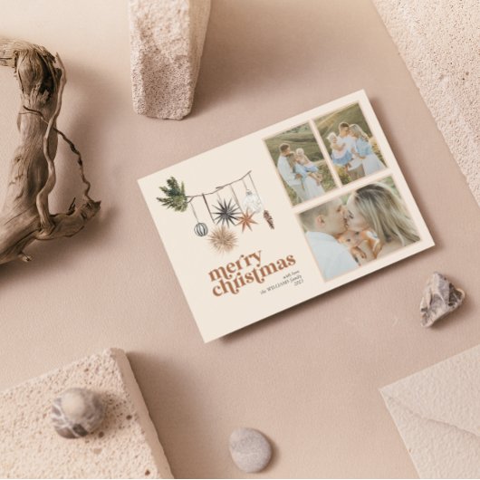 Moderne Scandi Boho Neutrale Familie 3 Foto Merry  Feestdagenkaart