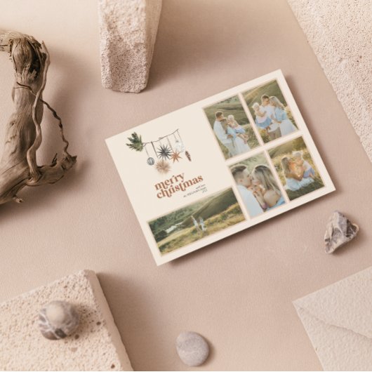 Moderne Scandi Boho Neutrale Familie 5 Foto Merry Feestdagenkaart