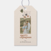 Moderne Scandi Boho neutrale vrolijke kerstfoto Cadeaulabel (Voorkant)