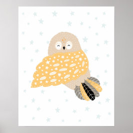 Moderne scandi cute uil en sterren babyslaapkamer poster