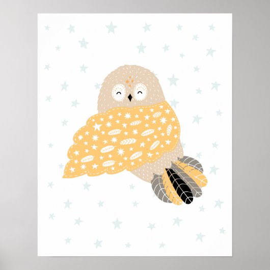 Moderne scandi cute uil en sterren babyslaapkamer poster (Voorkant)