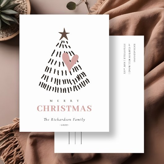 Moderne Scandi Minimaal Blush Hart Kerstboom Feestdagenkaart
