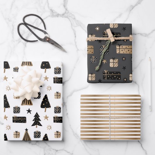 Moderne Scandinavische kerstpatronen Gold Black Inpakpapier Vel (Voorkant)