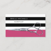 Moderne Schaar Roze en Zwarte Strepen Haarsalon Visitekaartje (Voorkant)