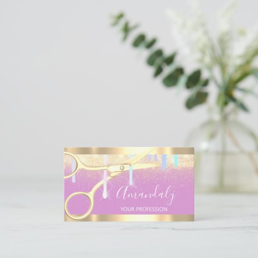 Moderne schaar voor haarser drijft goudroze visitekaartje (Staand voorkant)