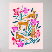 Moderne schattige cheetah met orchideeën