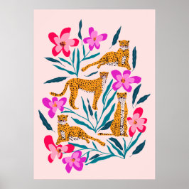 Moderne schattige cheetah met orchideeën poster
