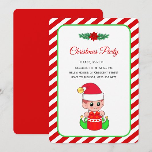 Moderne Schattige Elf op Rode en Witte Kerstfeest Kaart (Voorkant / Achterkant)