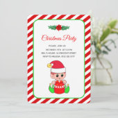 Moderne Schattige Elf op Rode en Witte Kerstfeest Kaart (Staand voorkant)