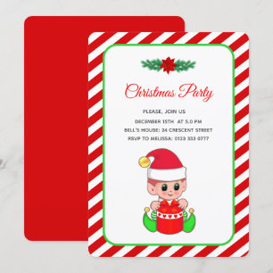 Moderne Schattige Elf op Rode en Witte Kerstfeest Kaart