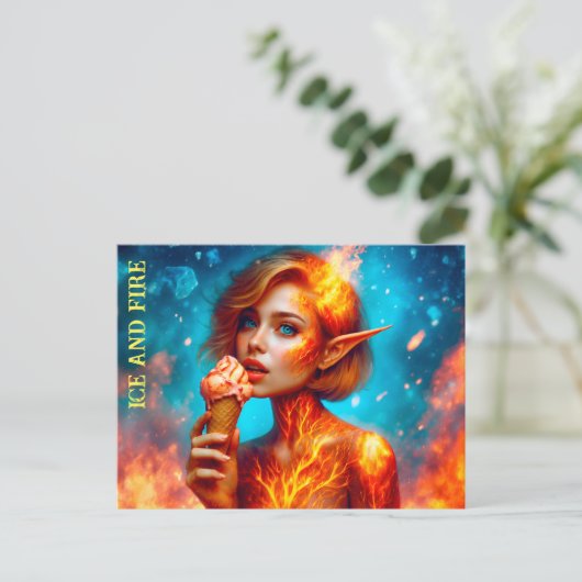 Moderne schattige elf vuur ijs kunst mooie rood briefkaart (Staand voorkant)