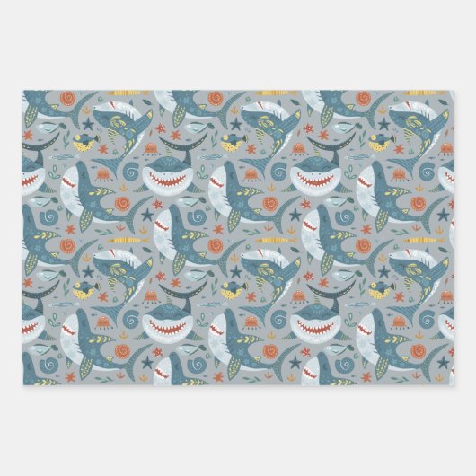 Moderne schattige haai eerste tweede verjaardag gu inpakpapier vel (Voorkant)