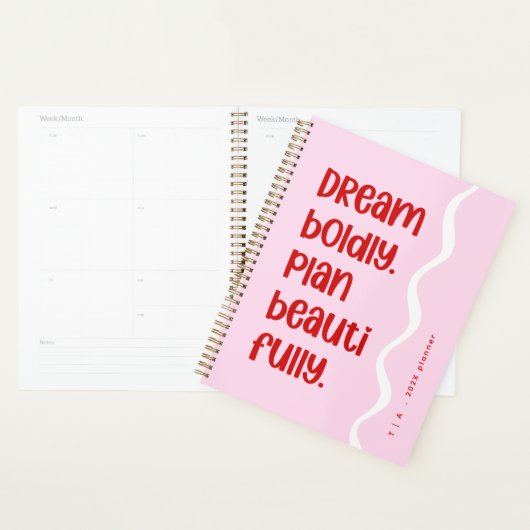 Moderne Schattige Inspiratie Roze en Rode Monogram Planner (Display)