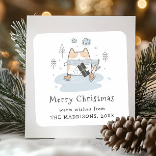 Moderne Schattige Kawaii Schaatsende Kat Kerst Gro Vierkante Sticker