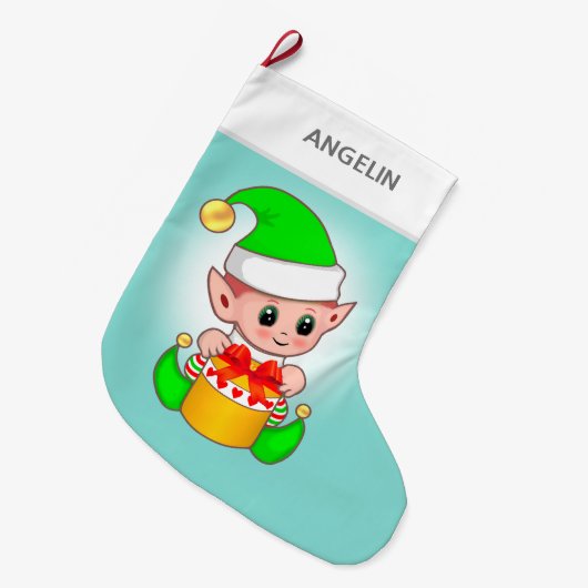 Moderne schattige kerstelf op lichtblauw grote kerstsok (Voorkant (Hangend))