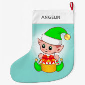 Moderne schattige kerstelf op lichtblauw grote kerstsok (Achterkant)