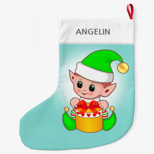 Moderne schattige kerstelf op lichtblauw grote kerstsok (Achterkant)