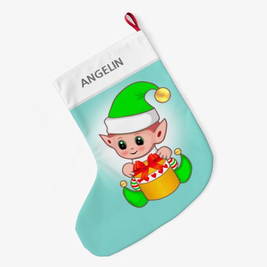 Moderne schattige kerstelf op lichtblauw grote kerstsok (Achterkant (Hangend))