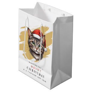 Moderne Schattige Kerstkat met Kerstman Hoed Medium Cadeauzakje