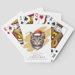 Moderne Schattige Kerstkat met Kerstman Hoed Pokerkaarten
