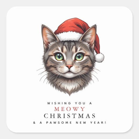 Moderne Schattige Kerstkat met Kerstman Hoed Vierkante Sticker (Voorkant)