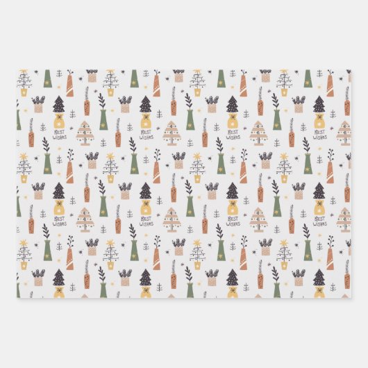 Moderne, schattige patroonsanta l snowman en tree inpakpapier vel (Voorkant 2)