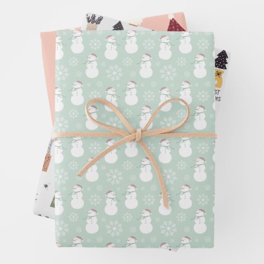 Moderne, schattige patroonsanta l snowman en tree inpakpapier vel (In situ)