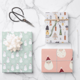Moderne, schattige patroonsanta l snowman en tree  inpakpapier vel