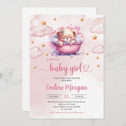 Moderne schattige teddybeer in bad meisje baby sho kaart (Voorkant / Achterkant)